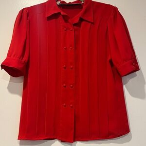 Vintage Red Pleated Blouse with Double buttons and Puff sleeves 4P